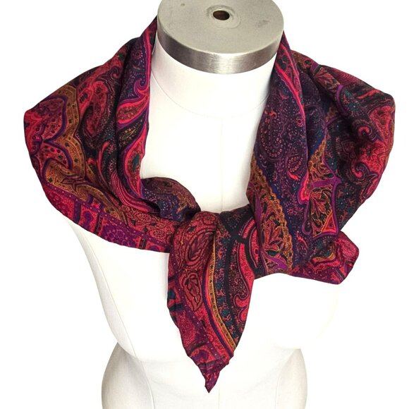 Liz Claiborne Silk Scarf Blue Red Purple Paisley Floral Hibiscus Flower DH722 - Picture 6 of 8